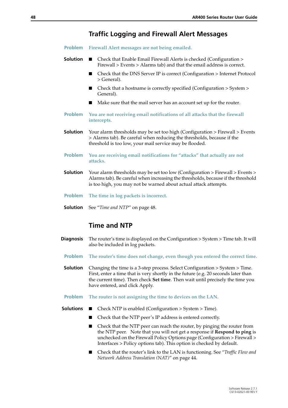 Traffic logging and firewall alert messages, Time and ntp | Allied Telesis AR400 SERIES Software Release 2.7.1 User Manual | Page 48 / 134