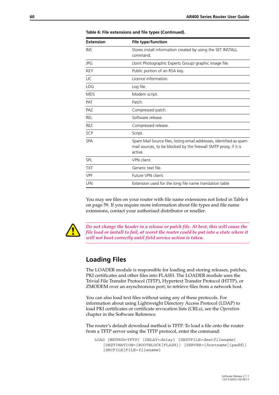 Loading files | Allied Telesis AR400 SERIES Software Release 2.7.1 User Manual | Page 60 / 134