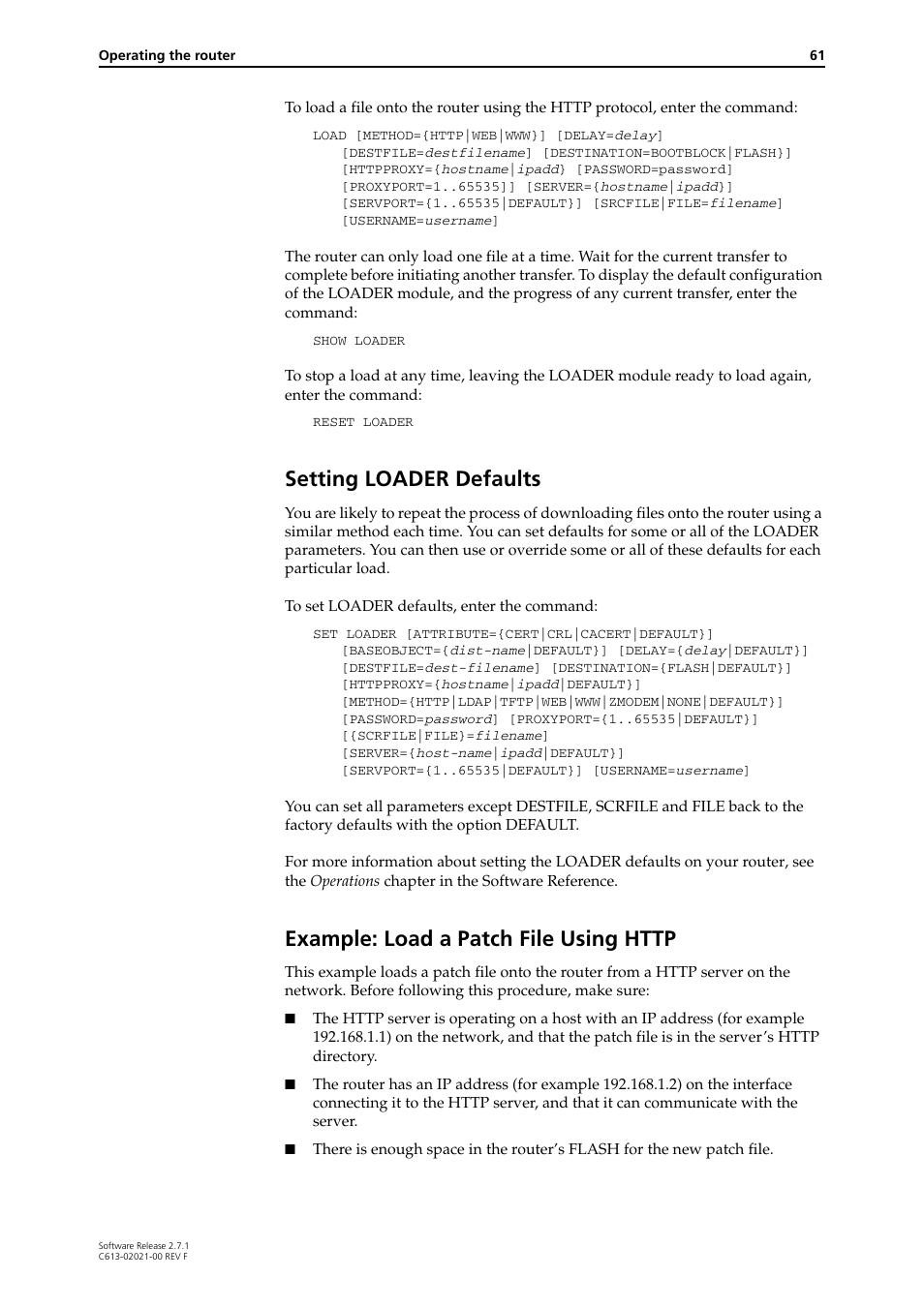 Setting loader defaults, Example: load a patch file using http | Allied Telesis AR400 SERIES Software Release 2.7.1 User Manual | Page 61 / 134