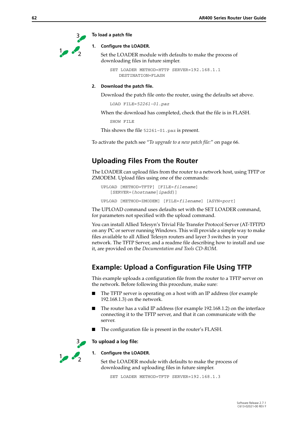 Uploading files from the router, Example: upload a configuration file using tftp | Allied Telesis AR400 SERIES Software Release 2.7.1 User Manual | Page 62 / 134