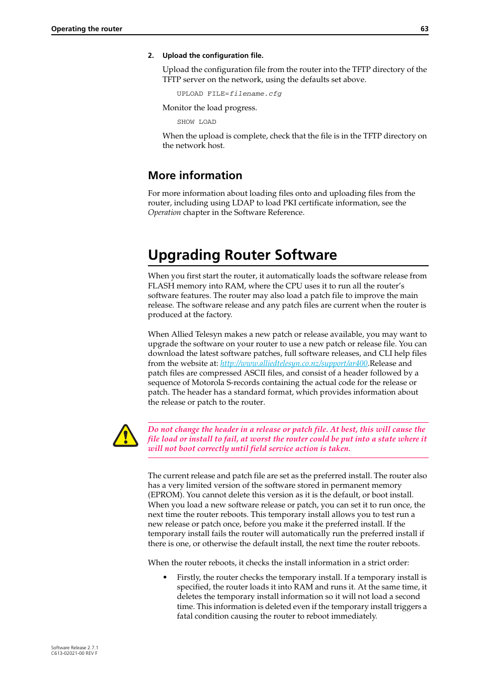 More information, Upgrading router software | Allied Telesis AR400 SERIES Software Release 2.7.1 User Manual | Page 63 / 134