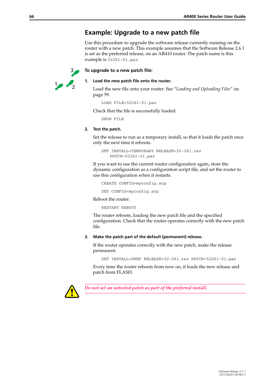 Example: upgrade to a new patch file | Allied Telesis AR400 SERIES Software Release 2.7.1 User Manual | Page 66 / 134