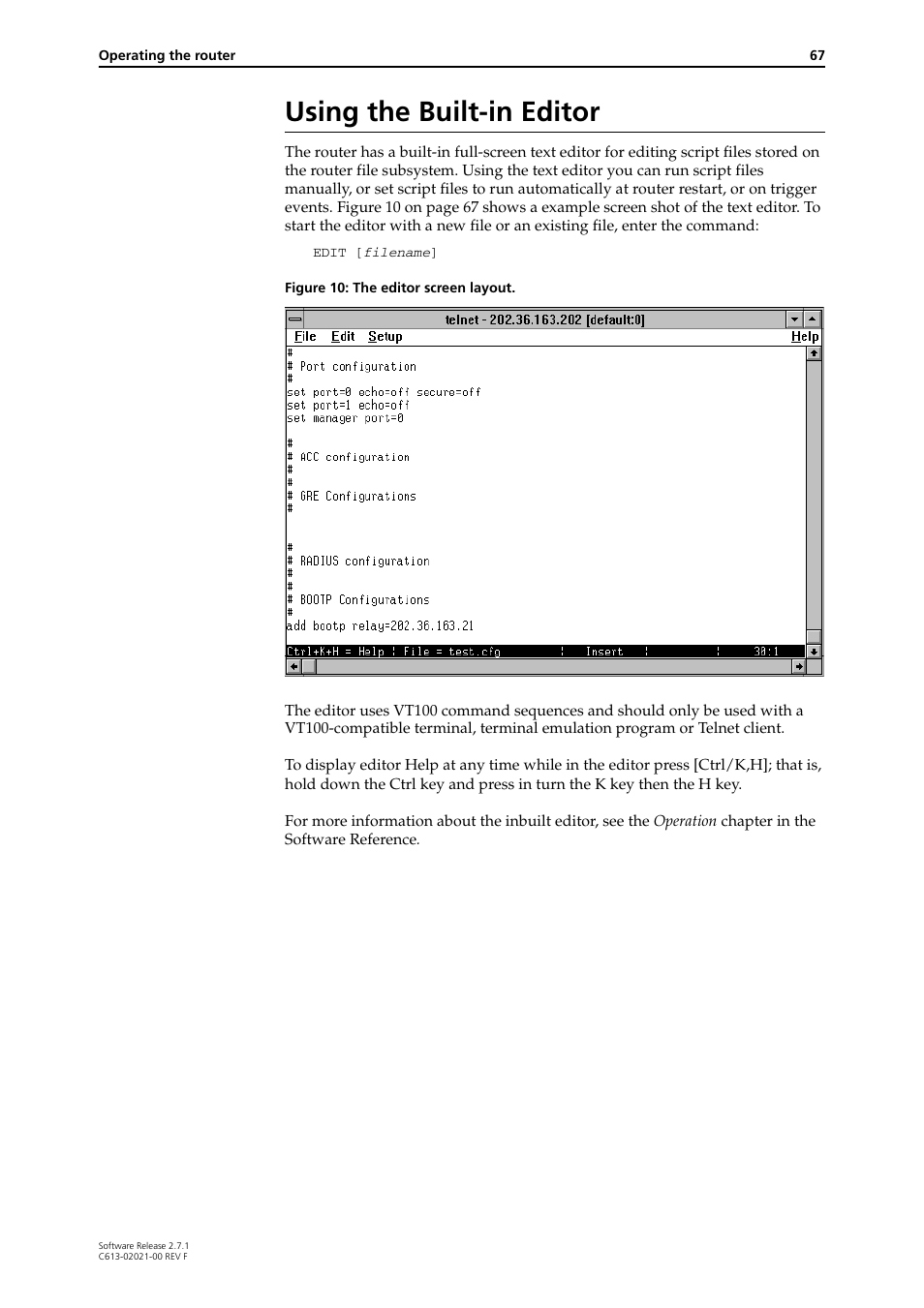 Using the built-in editor | Allied Telesis AR400 SERIES Software Release 2.7.1 User Manual | Page 67 / 134