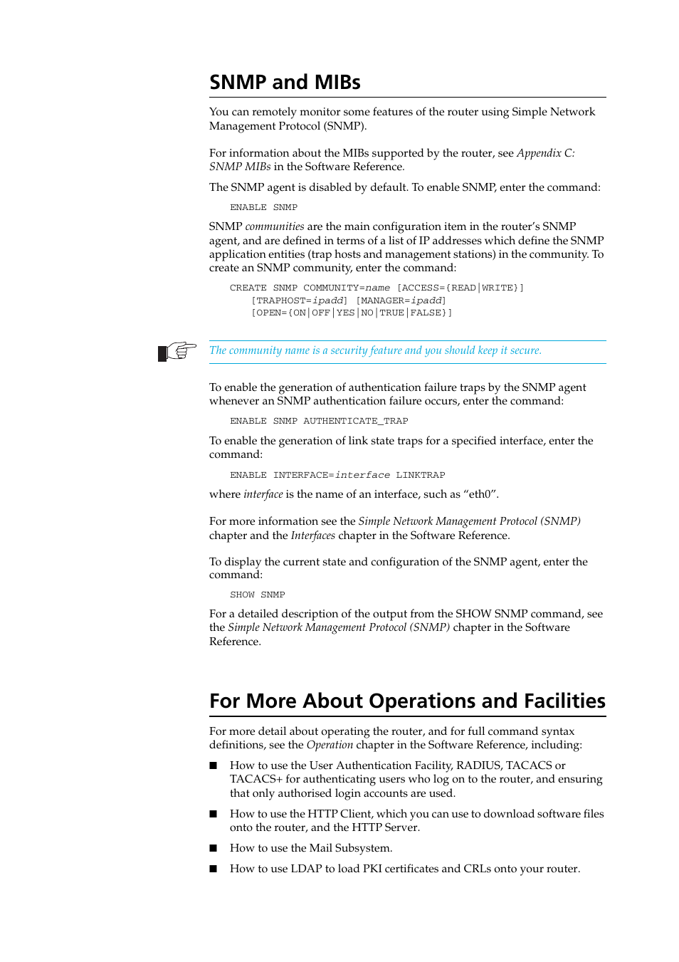Snmp and mibs, For more about operations and facilities | Allied Telesis AR400 SERIES Software Release 2.7.1 User Manual | Page 68 / 134