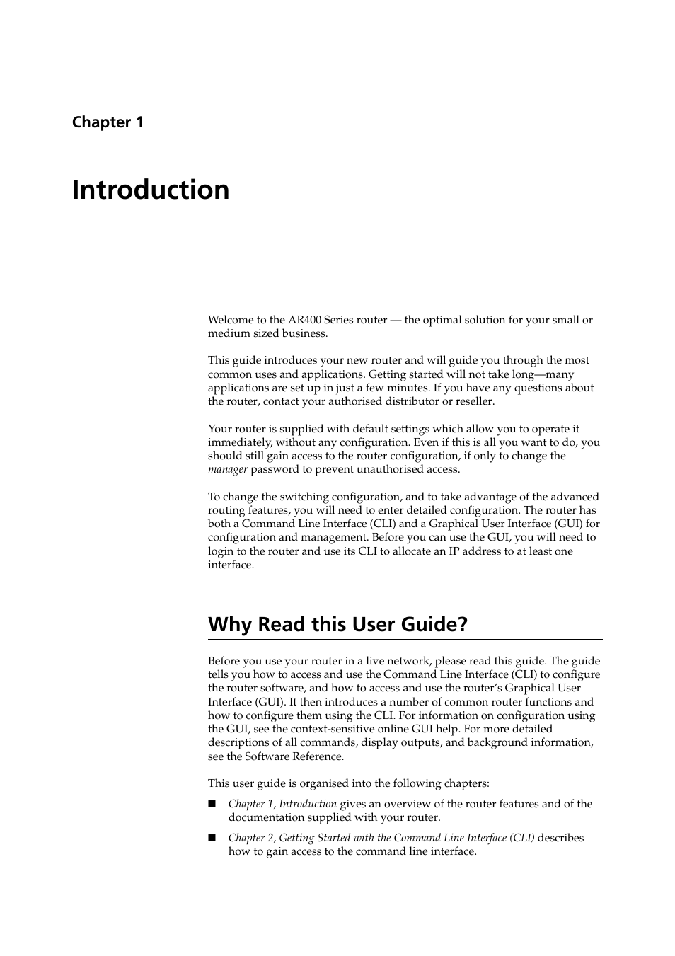 Introduction, Why read this user guide, Chapter 1 | Allied Telesis AR400 SERIES Software Release 2.7.1 User Manual | Page 7 / 134