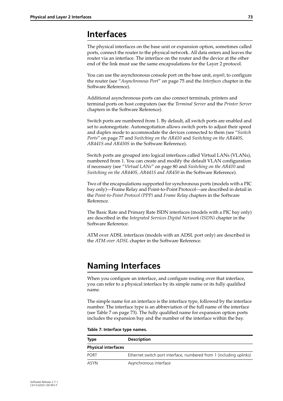 Interfaces, Naming interfaces, Interfaces naming interfaces | Allied Telesis AR400 SERIES Software Release 2.7.1 User Manual | Page 73 / 134