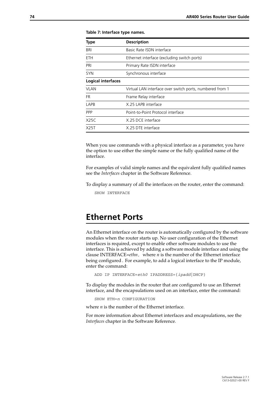 Ethernet ports | Allied Telesis AR400 SERIES Software Release 2.7.1 User Manual | Page 74 / 134