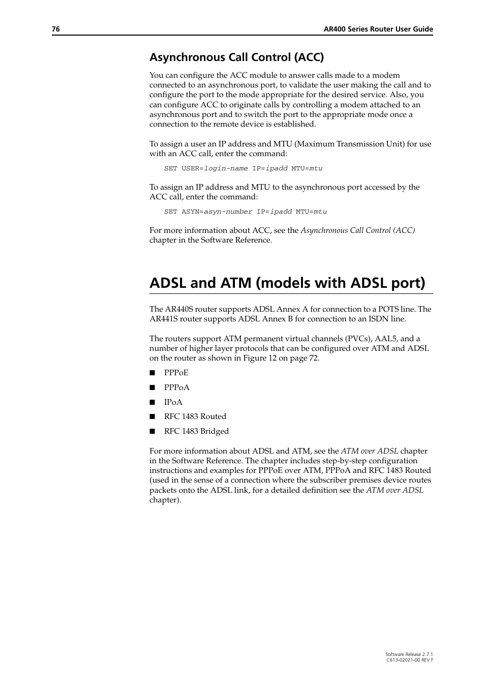 Asynchronous call control (acc), Adsl and atm (models with adsl port) | Allied Telesis AR400 SERIES Software Release 2.7.1 User Manual | Page 76 / 134