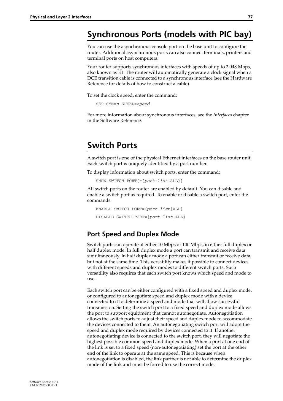 Synchronous ports (models with pic bay), Switch ports, Port speed and duplex mode | Allied Telesis AR400 SERIES Software Release 2.7.1 User Manual | Page 77 / 134