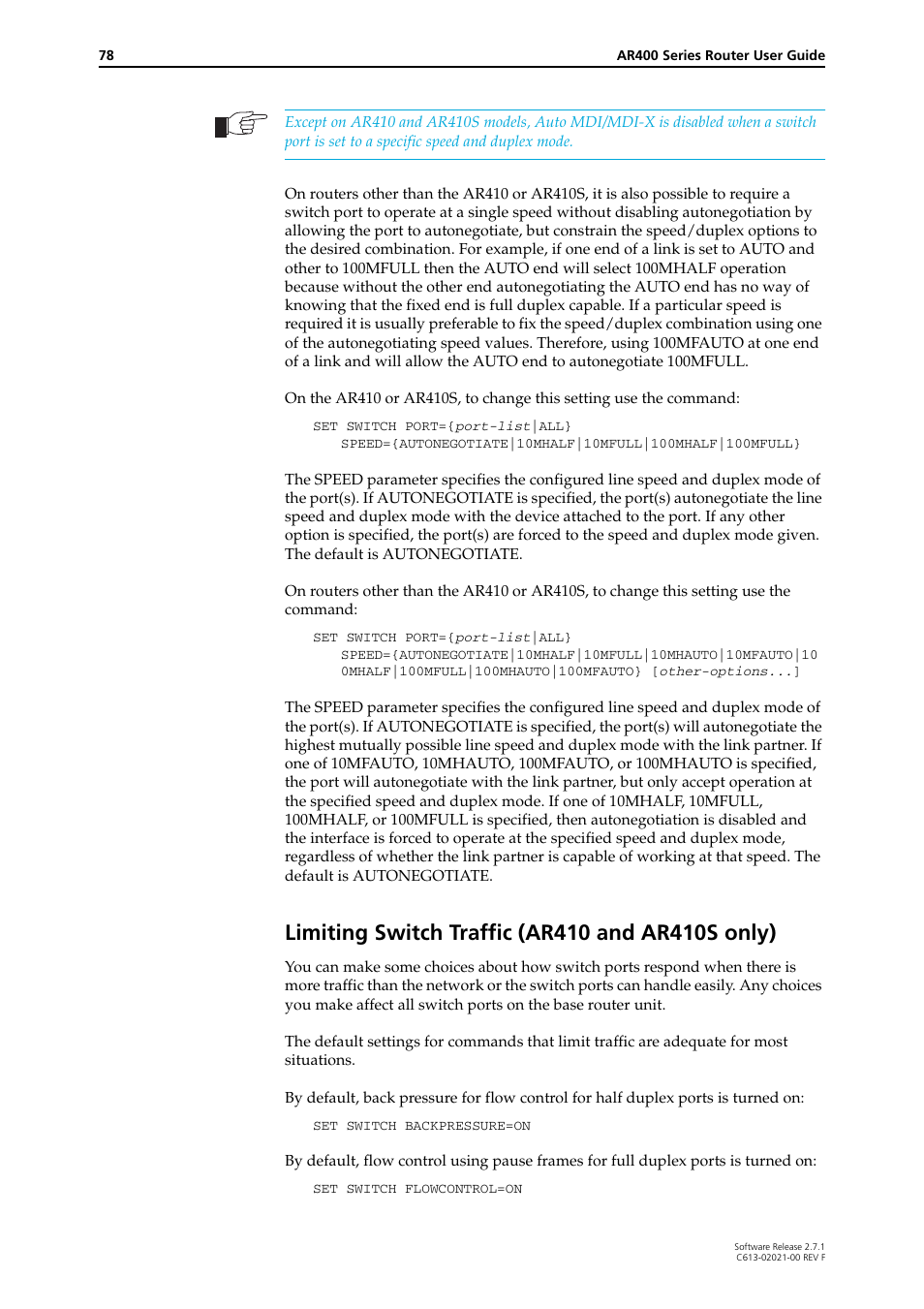 Limiting switch traffic (ar410 and ar410s only) | Allied Telesis AR400 SERIES Software Release 2.7.1 User Manual | Page 78 / 134