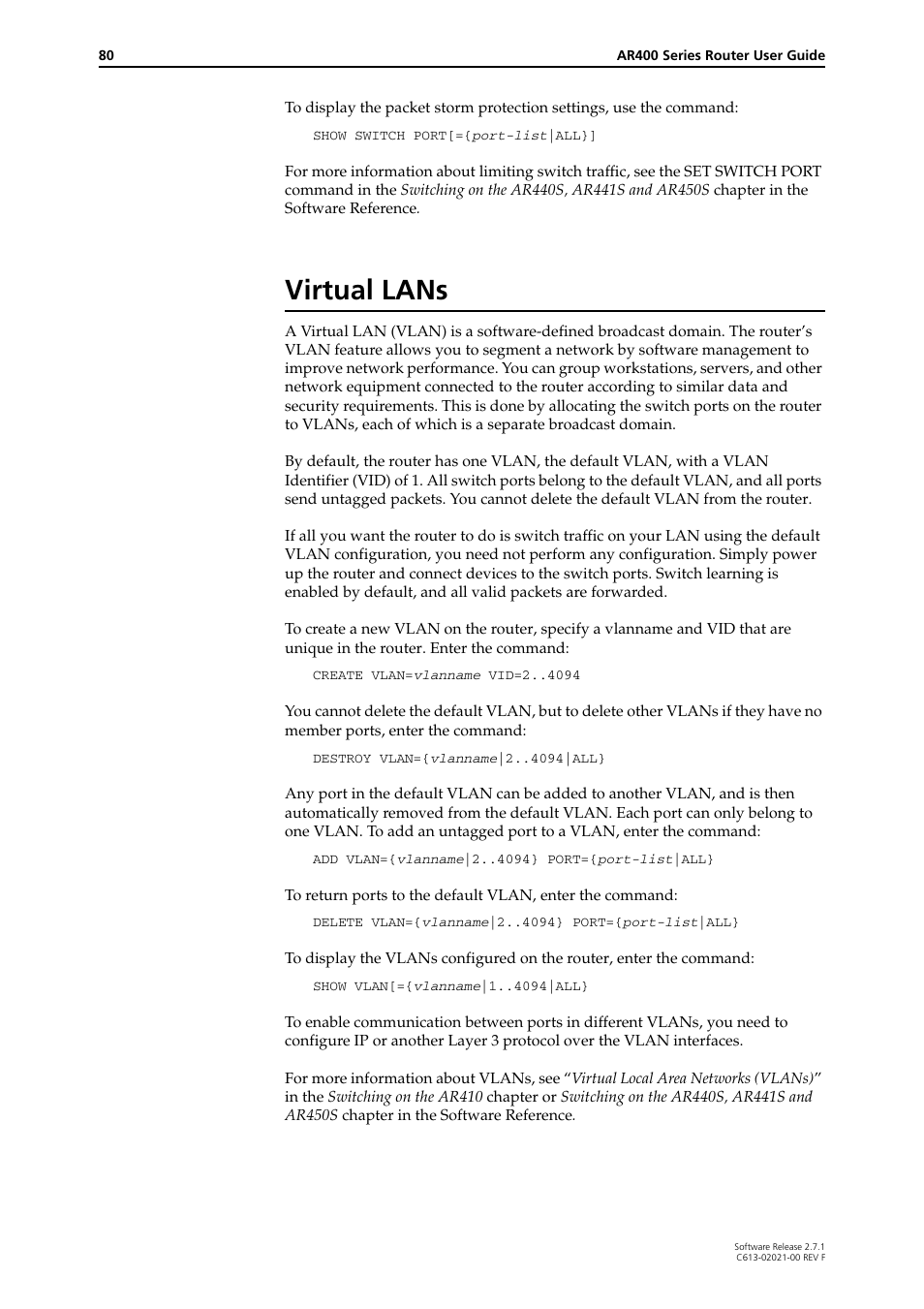 Virtual lans | Allied Telesis AR400 SERIES Software Release 2.7.1 User Manual | Page 80 / 134