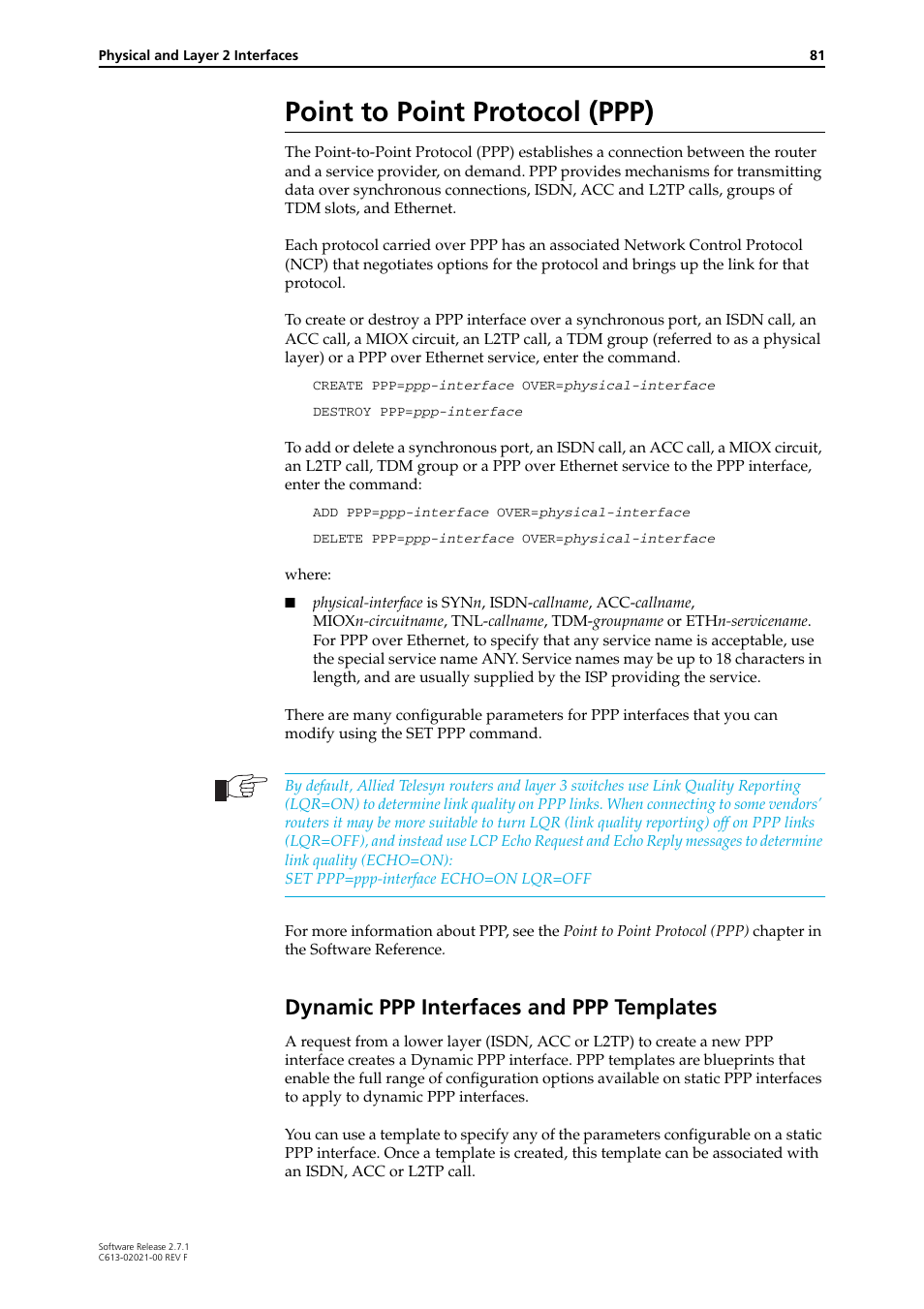 Point to point protocol (ppp), Dynamic ppp interfaces and ppp templates | Allied Telesis AR400 SERIES Software Release 2.7.1 User Manual | Page 81 / 134