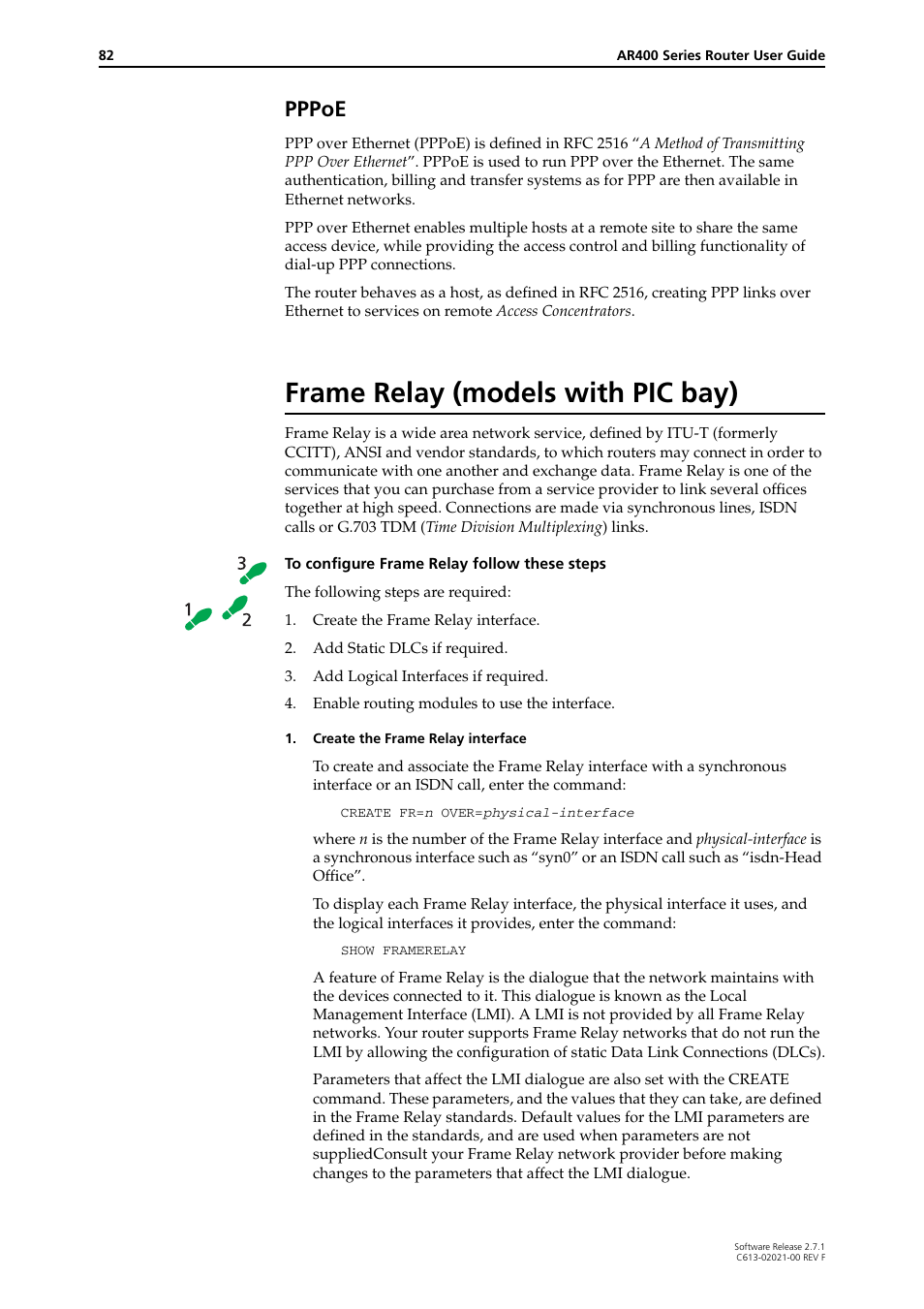 Pppoe, Frame relay (models with pic bay) | Allied Telesis AR400 SERIES Software Release 2.7.1 User Manual | Page 82 / 134