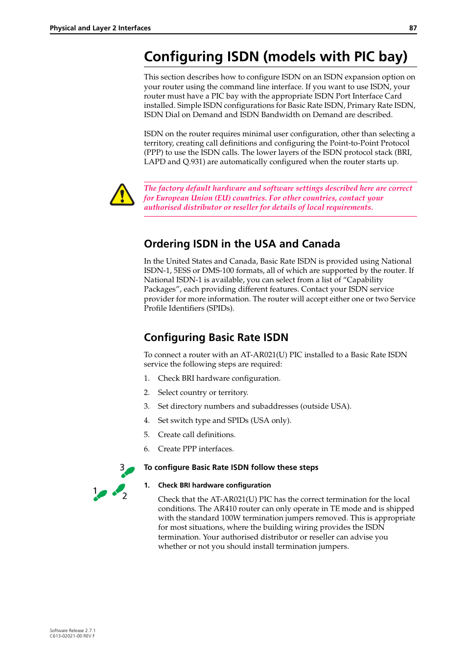 Configuring isdn (models with pic bay), Ordering isdn in the usa and canada, Configuring basic rate isdn | Allied Telesis AR400 SERIES Software Release 2.7.1 User Manual | Page 87 / 134