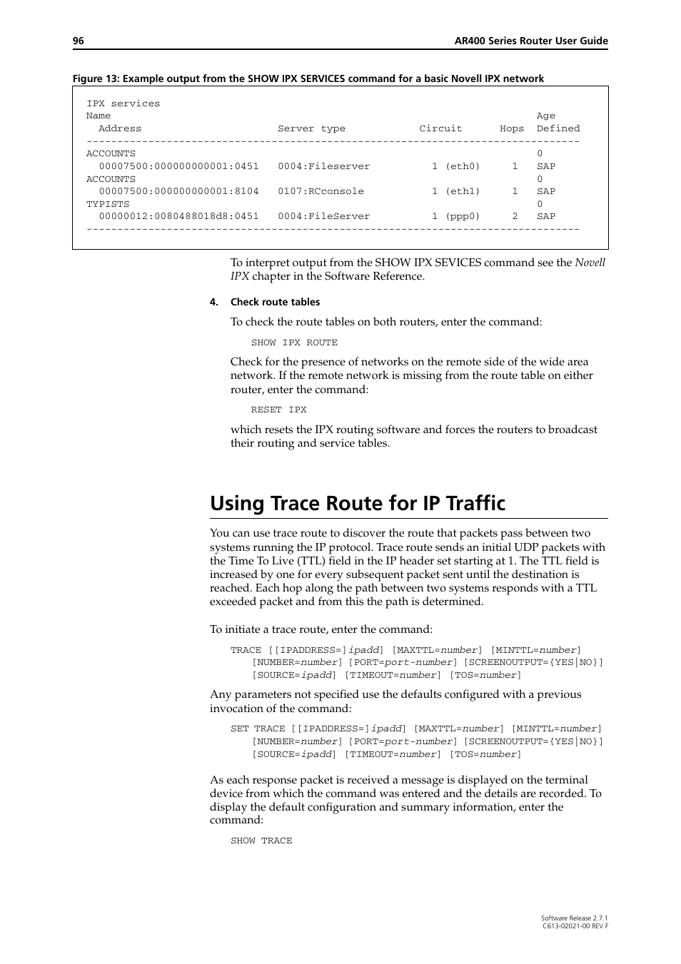 Using trace route for ip traffic | Allied Telesis AR400 SERIES Software Release 2.7.1 User Manual | Page 96 / 134