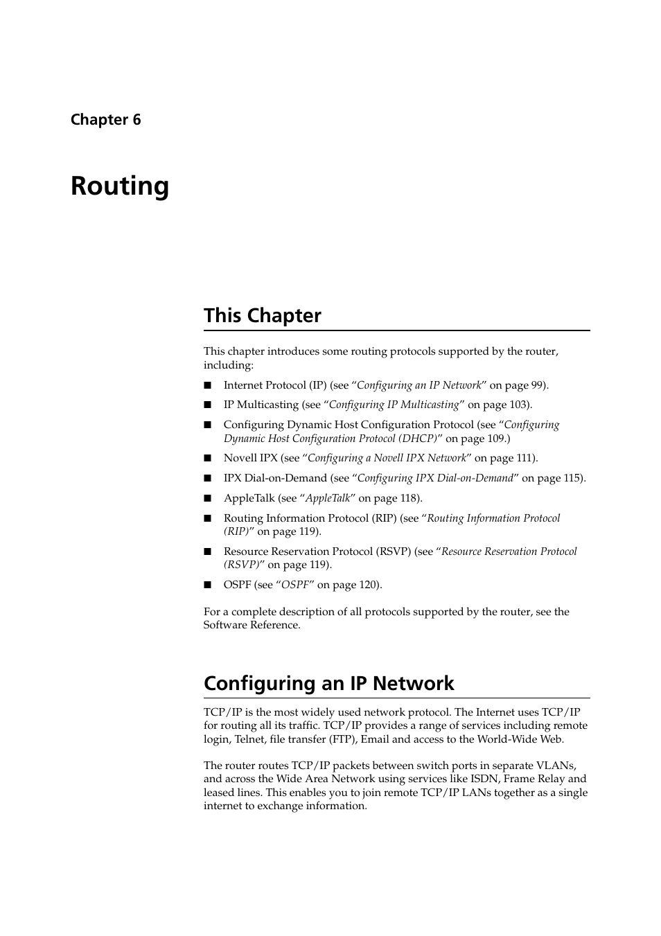 Routing, This chapter, Configuring an ip network | Chapter 6, This chapter configuring an ip network, Chapter 6, routing | Allied Telesis AR400 SERIES Software Release 2.7.1 User Manual | Page 99 / 134