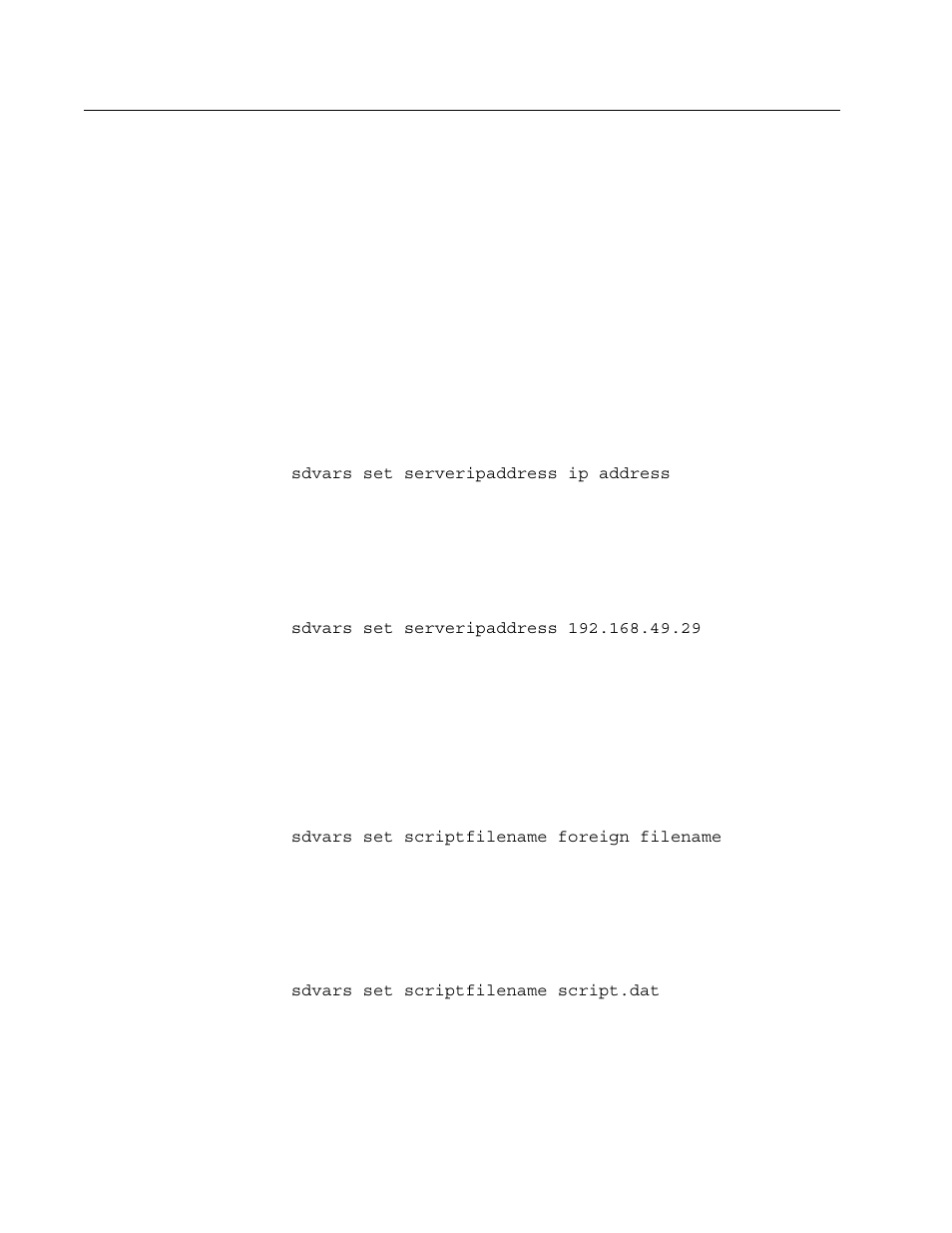 Using sdvars commands, Sdvars set serveripaddress, Sdvars set scriptfilename | Allied Telesis AT-WL2411 User Manual | Page 199 / 236