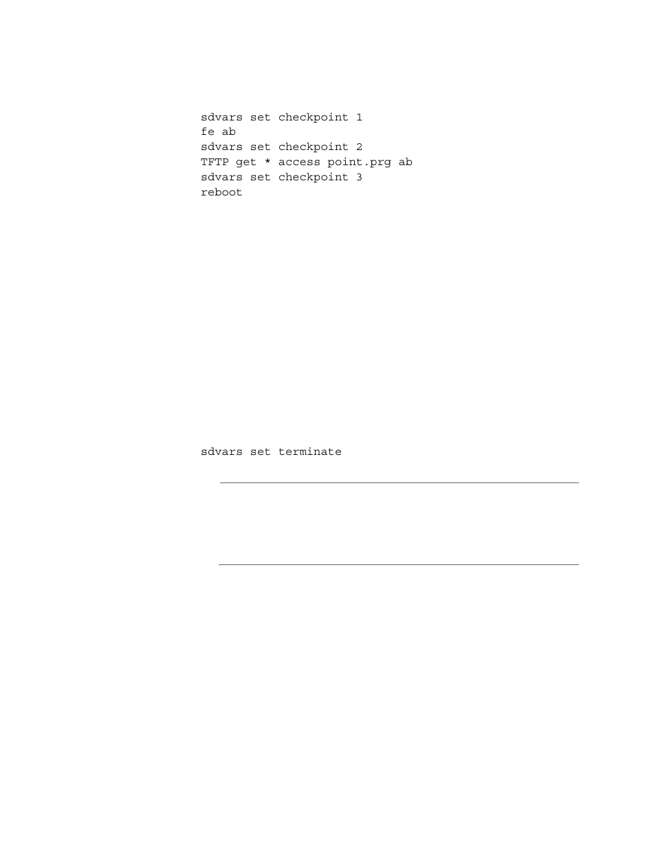 Sdvars set terminate, Example, Sdvars set terminate purpose | Syntax | Allied Telesis AT-WL2411 User Manual | Page 201 / 236