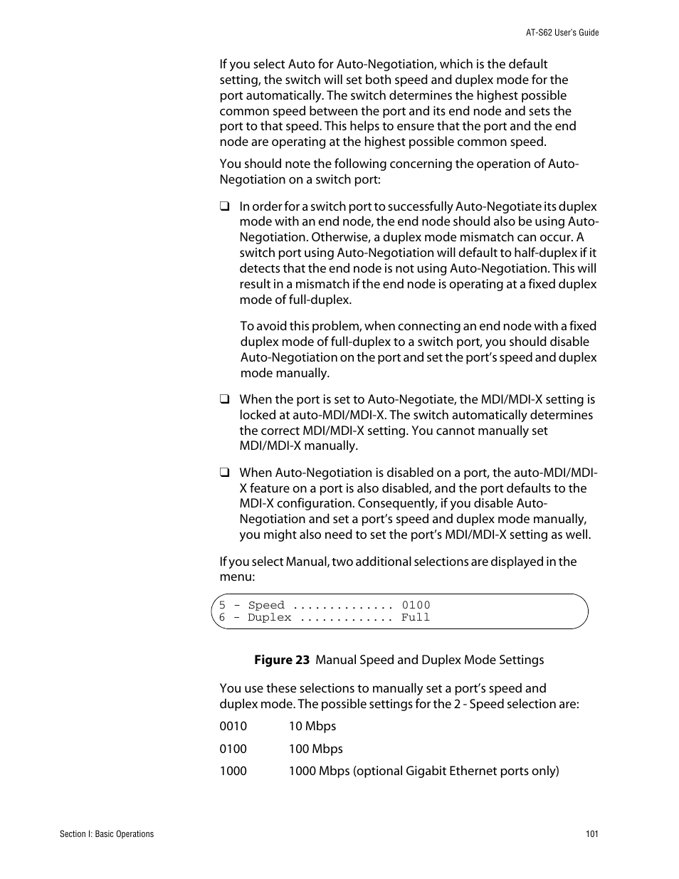 Manual speed and duplex mode settings | Allied Telesis AT-S62 User Manual | Page 101 / 862