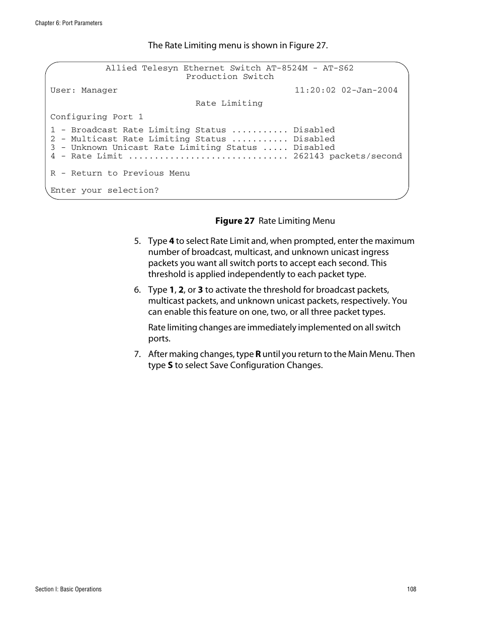 Figure 27: rate limiting menu | Allied Telesis AT-S62 User Manual | Page 108 / 862