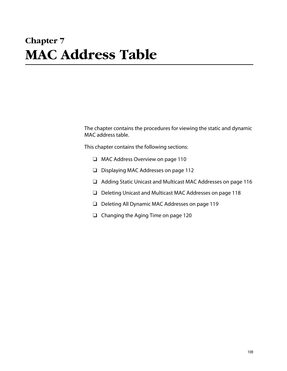 Chapter 7, Mac address table, Chapter 7 mac address table | Allied Telesis AT-S62 User Manual | Page 109 / 862