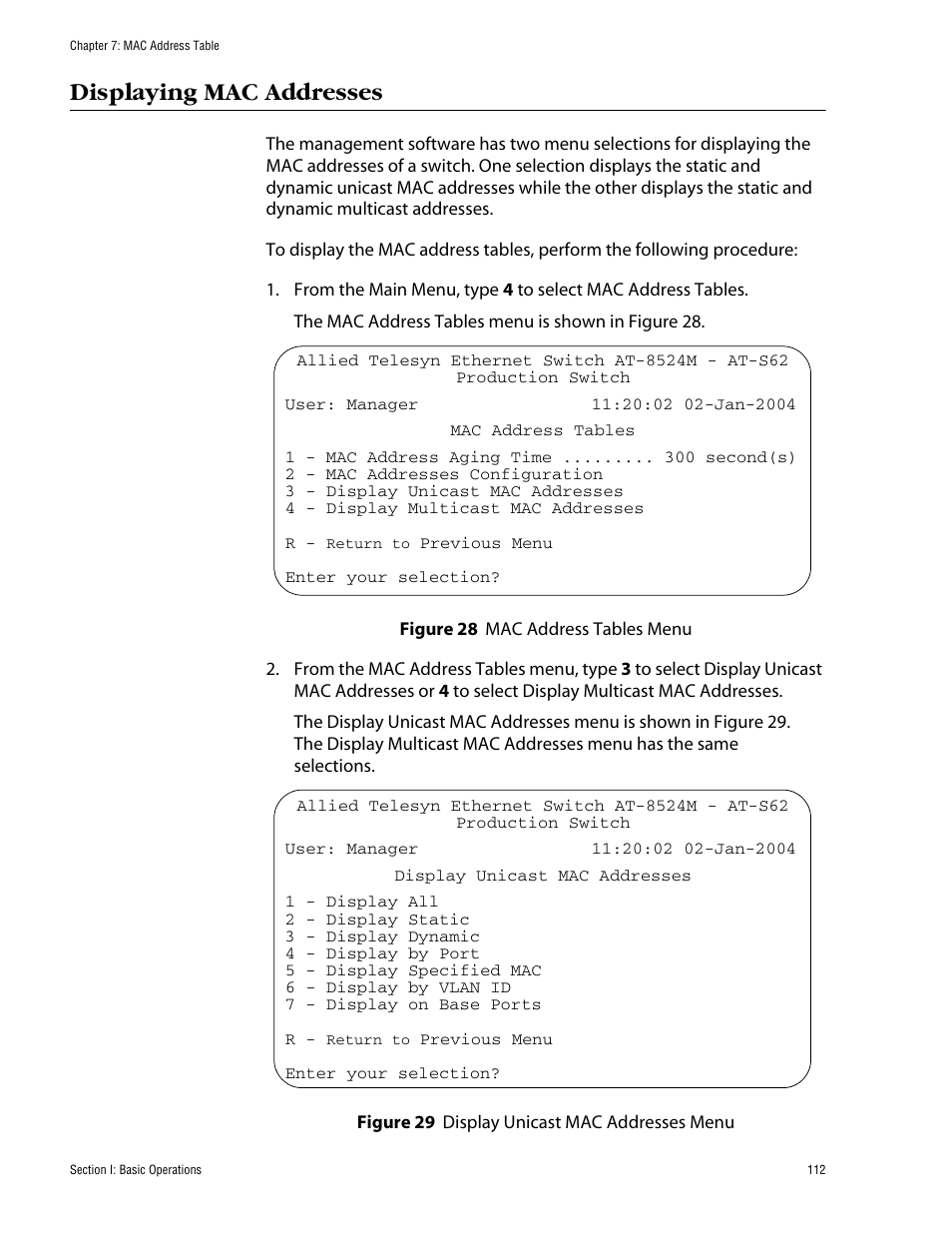 Displaying mac addresses | Allied Telesis AT-S62 User Manual | Page 112 / 862