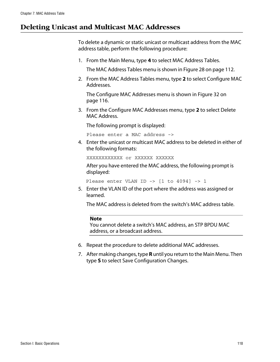 Deleting unicast and multicast mac addresses | Allied Telesis AT-S62 User Manual | Page 118 / 862