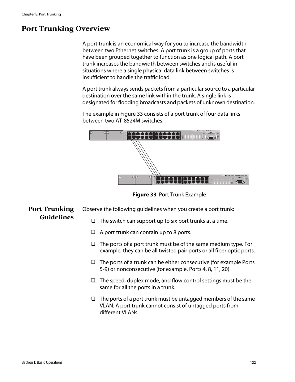 Port trunking overview, Port trunking guidelines, Figure 33: port trunk example | Allied Telesis AT-S62 User Manual | Page 122 / 862