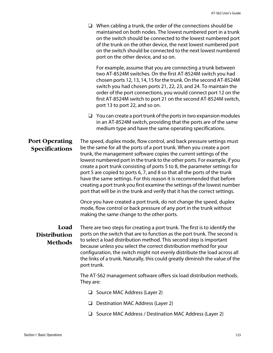 Port operating specifications, Load distribution methods | Allied Telesis AT-S62 User Manual | Page 123 / 862