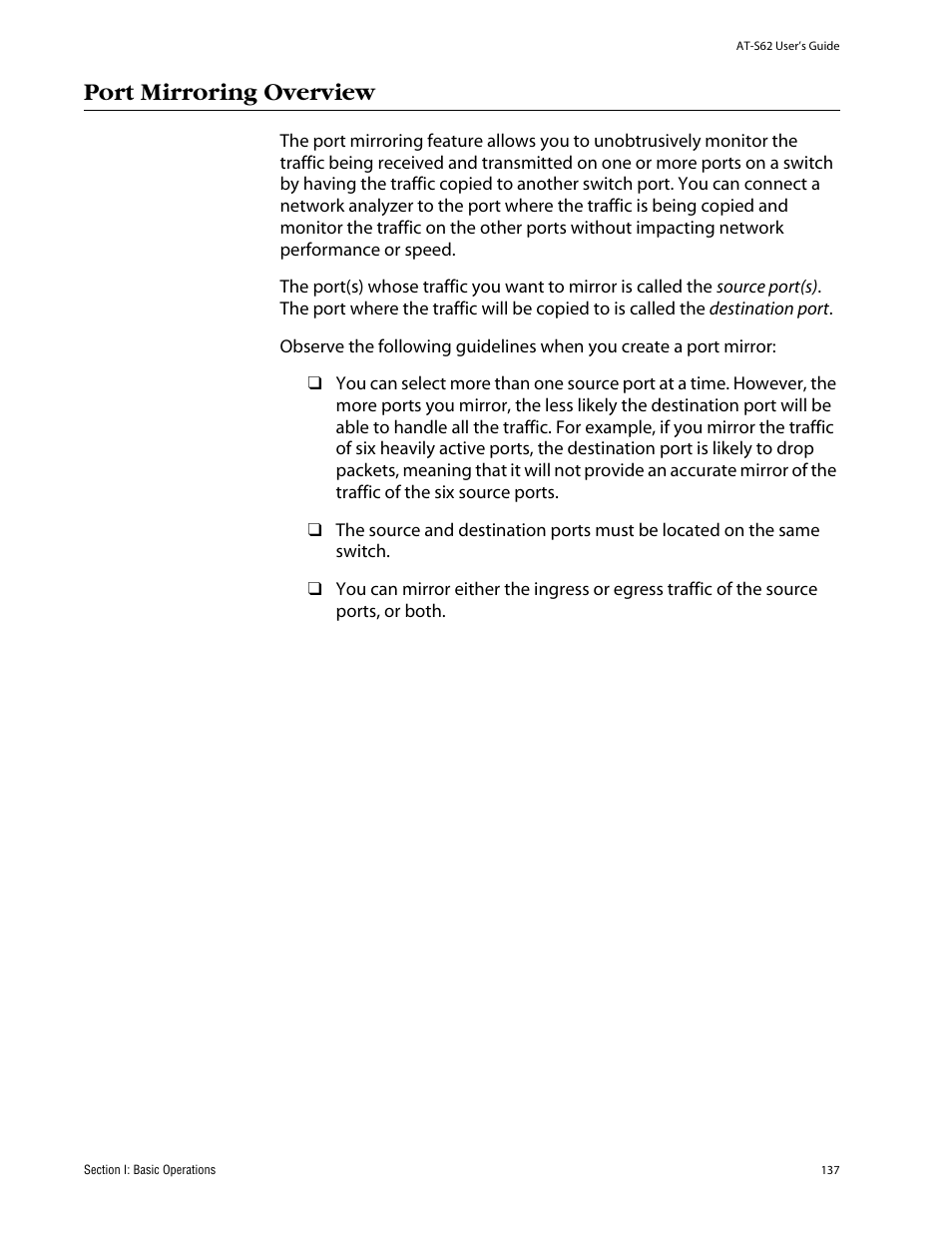 Port mirroring overview | Allied Telesis AT-S62 User Manual | Page 137 / 862