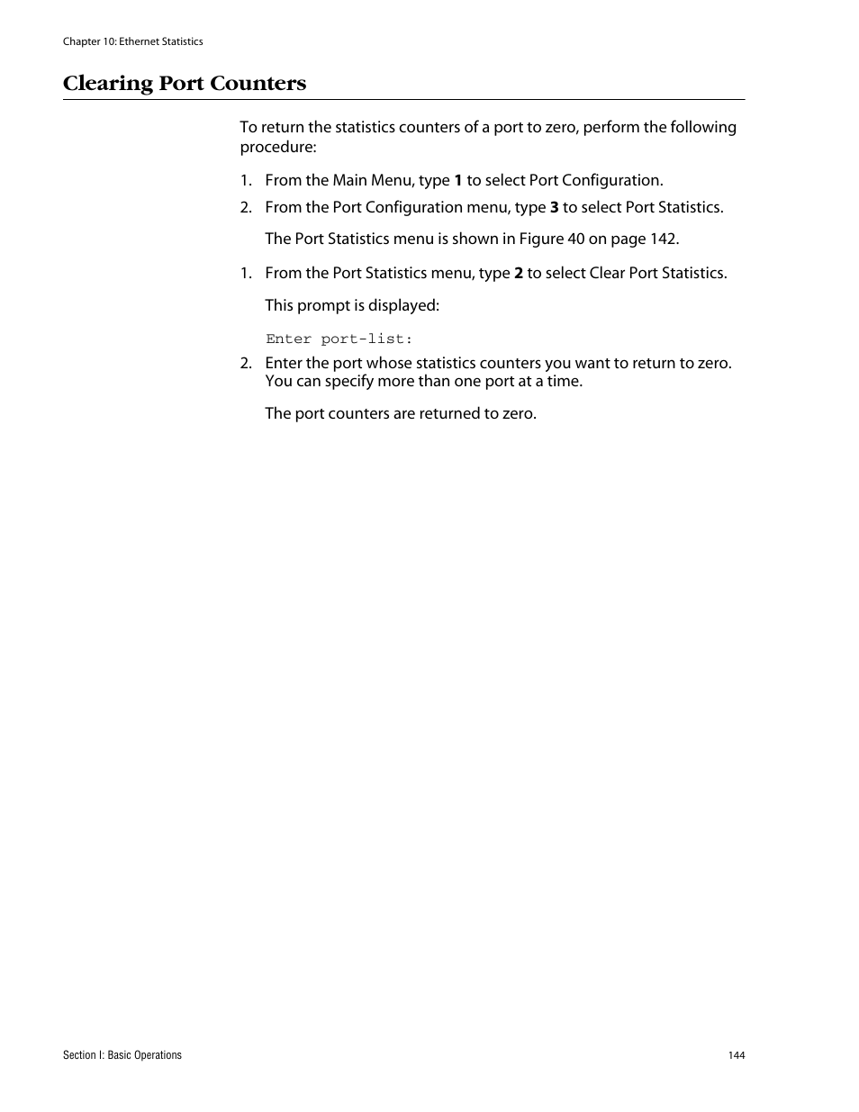 Clearing port counters | Allied Telesis AT-S62 User Manual | Page 144 / 862