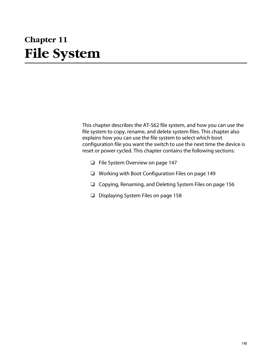 Chapter 11, File system, Chapter 11 file system | Allied Telesis AT-S62 User Manual | Page 146 / 862