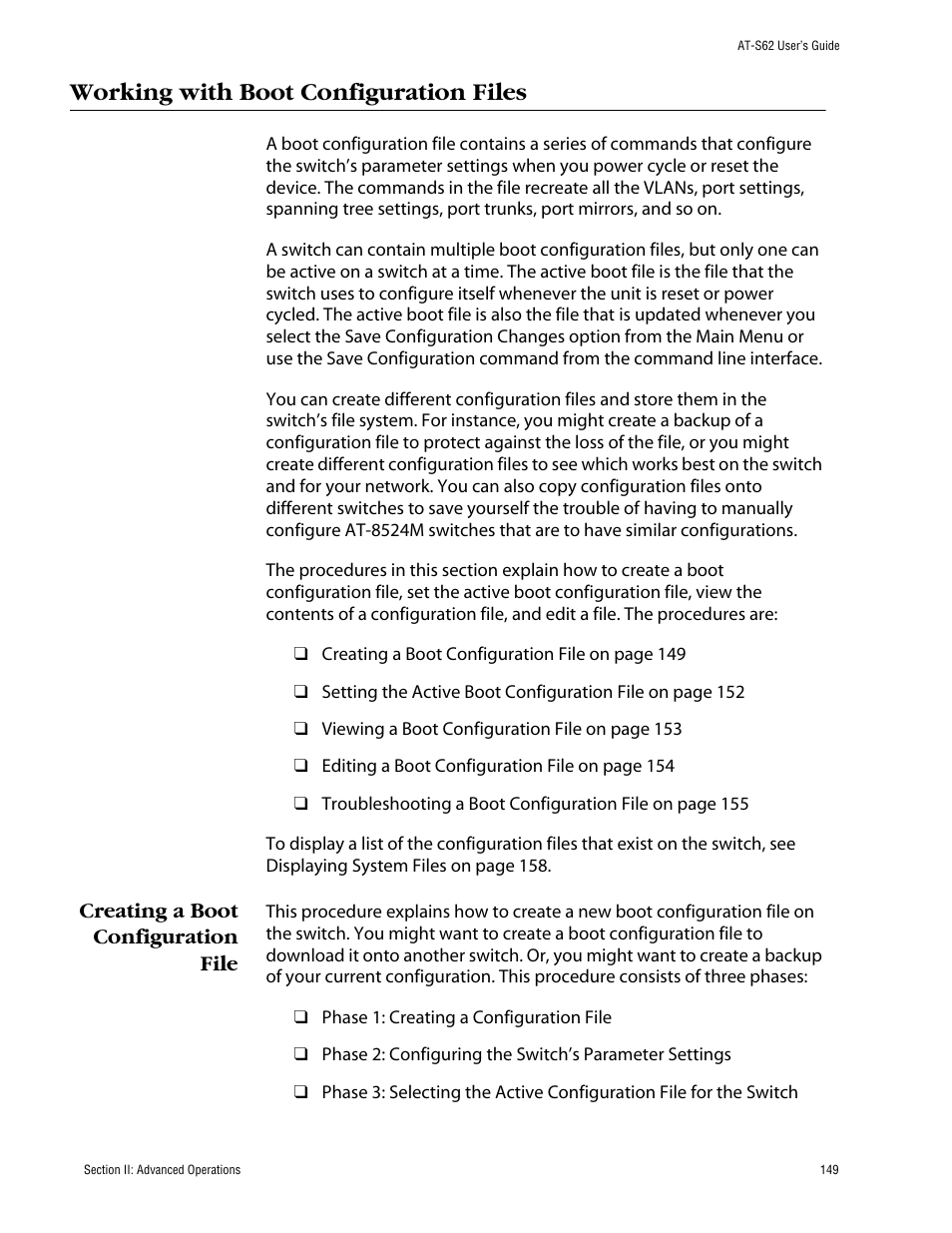 Working with boot configuration files, Creating a boot configuration file | Allied Telesis AT-S62 User Manual | Page 149 / 862