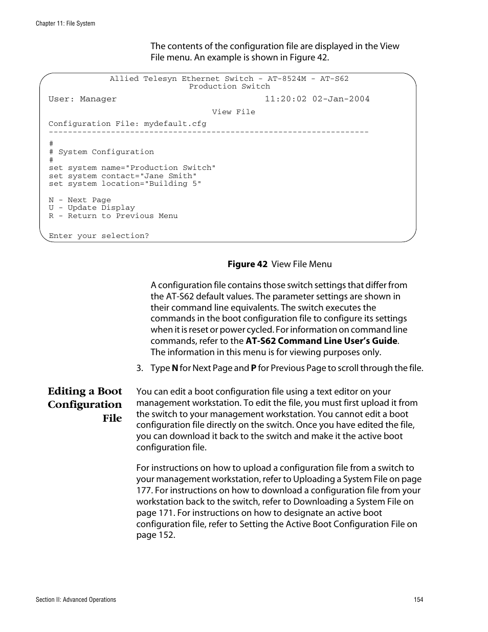 Editing a boot configuration file, Figure 42: view file menu | Allied Telesis AT-S62 User Manual | Page 154 / 862