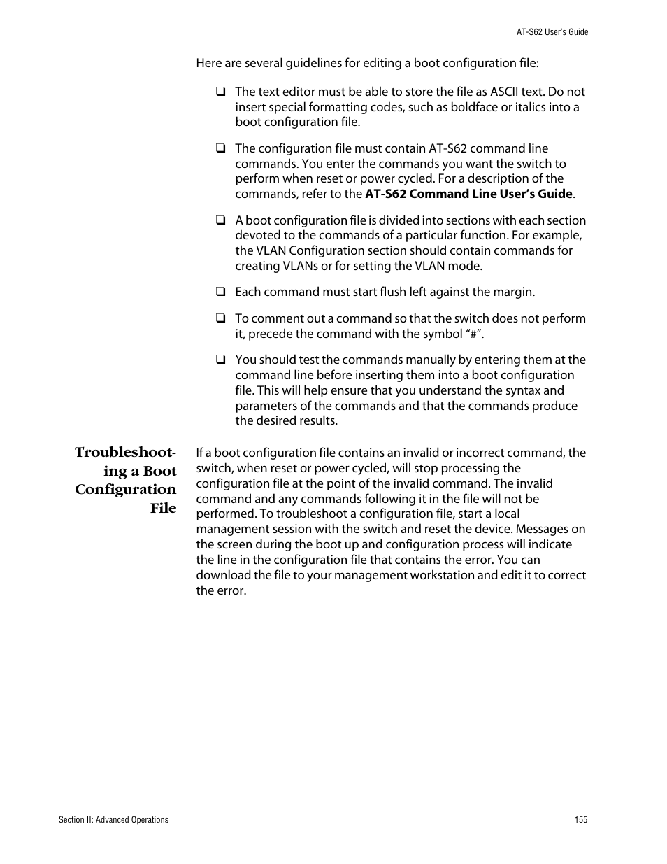 Troubleshooting a boot configuration file | Allied Telesis AT-S62 User Manual | Page 155 / 862