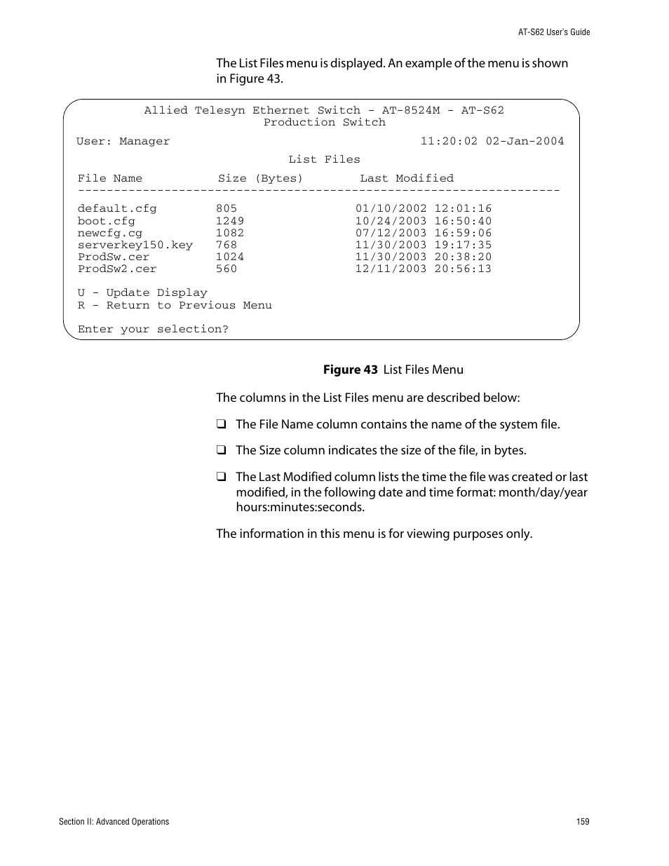 Figure 43: list files menu | Allied Telesis AT-S62 User Manual | Page 159 / 862