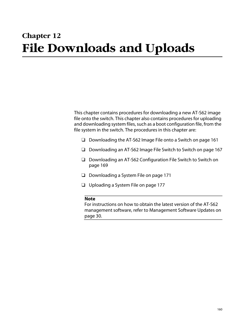 Chapter 12, File downloads and uploads, Chapter 12 file downloads and uploads | Allied Telesis AT-S62 User Manual | Page 160 / 862