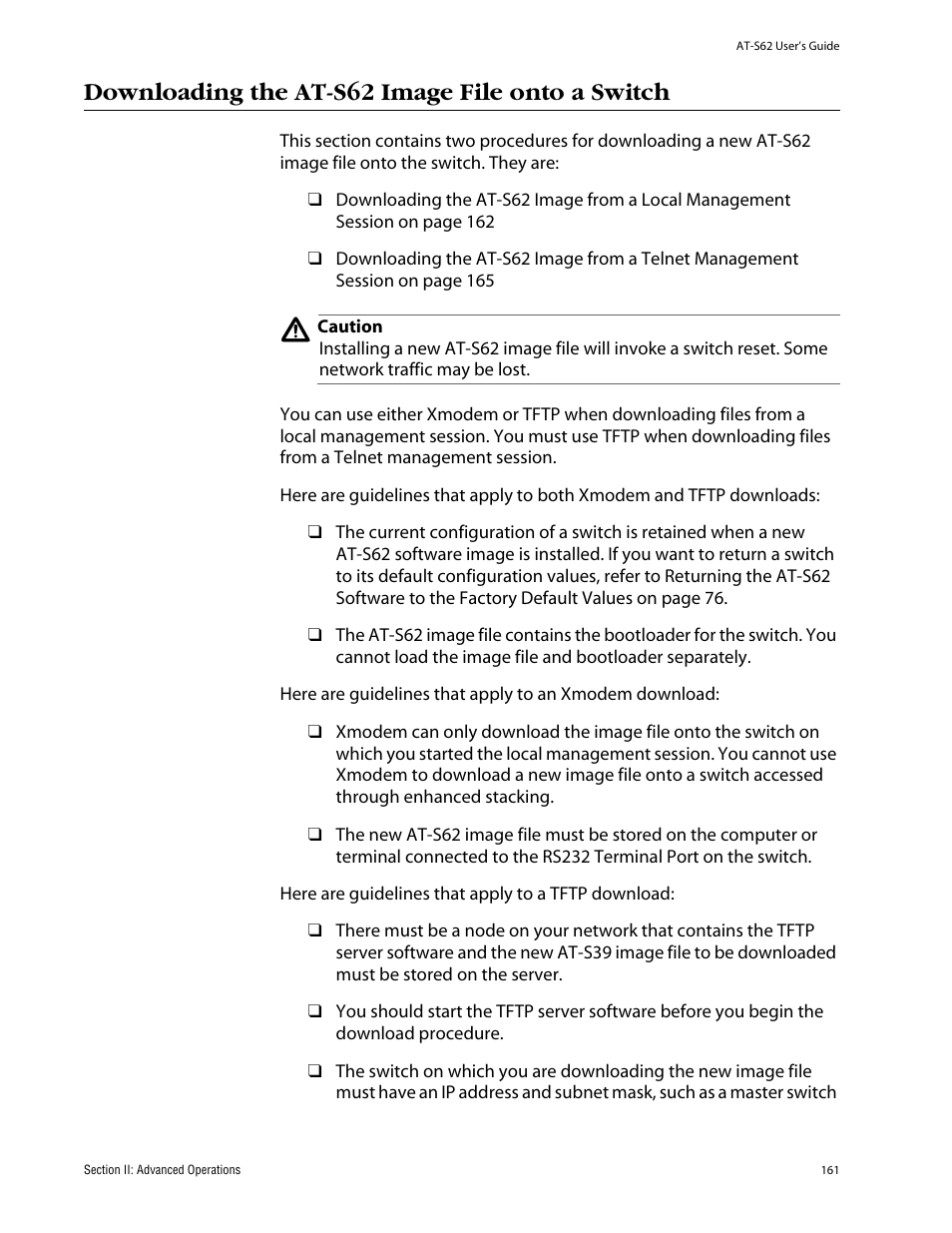 Downloading the at-s62 image file onto a switch | Allied Telesis AT-S62 User Manual | Page 161 / 862