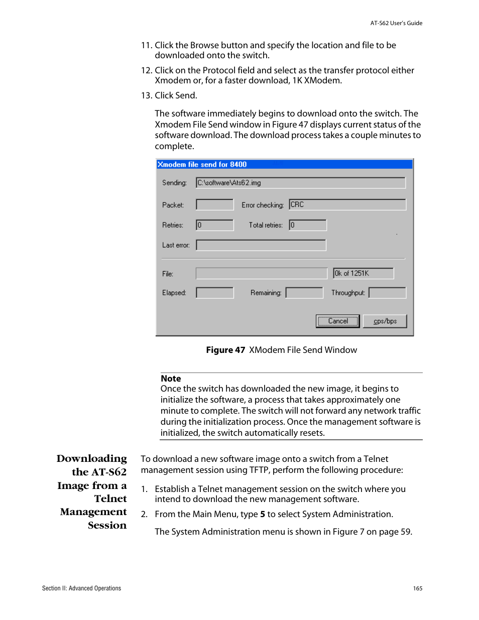 Figure 47: xmodem file send window | Allied Telesis AT-S62 User Manual | Page 165 / 862