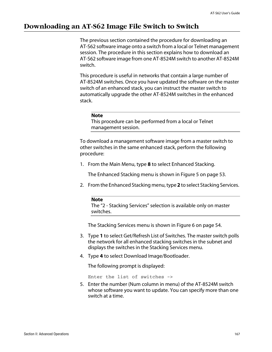 Downloading an at-s62 image file switch to switch | Allied Telesis AT-S62 User Manual | Page 167 / 862