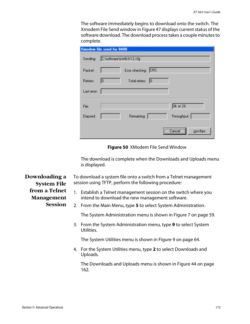 Figure 50: xmodem file send window | Allied Telesis AT-S62 User Manual | Page 175 / 862