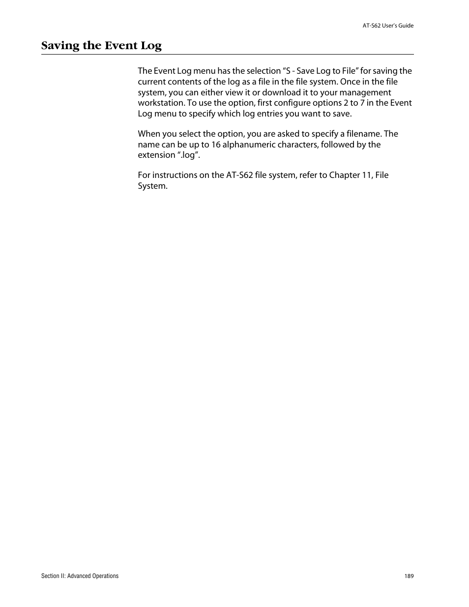 Saving the event log | Allied Telesis AT-S62 User Manual | Page 189 / 862