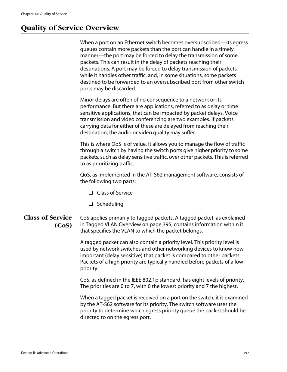 Quality of service overview, Class of service (cos) | Allied Telesis AT-S62 User Manual | Page 192 / 862