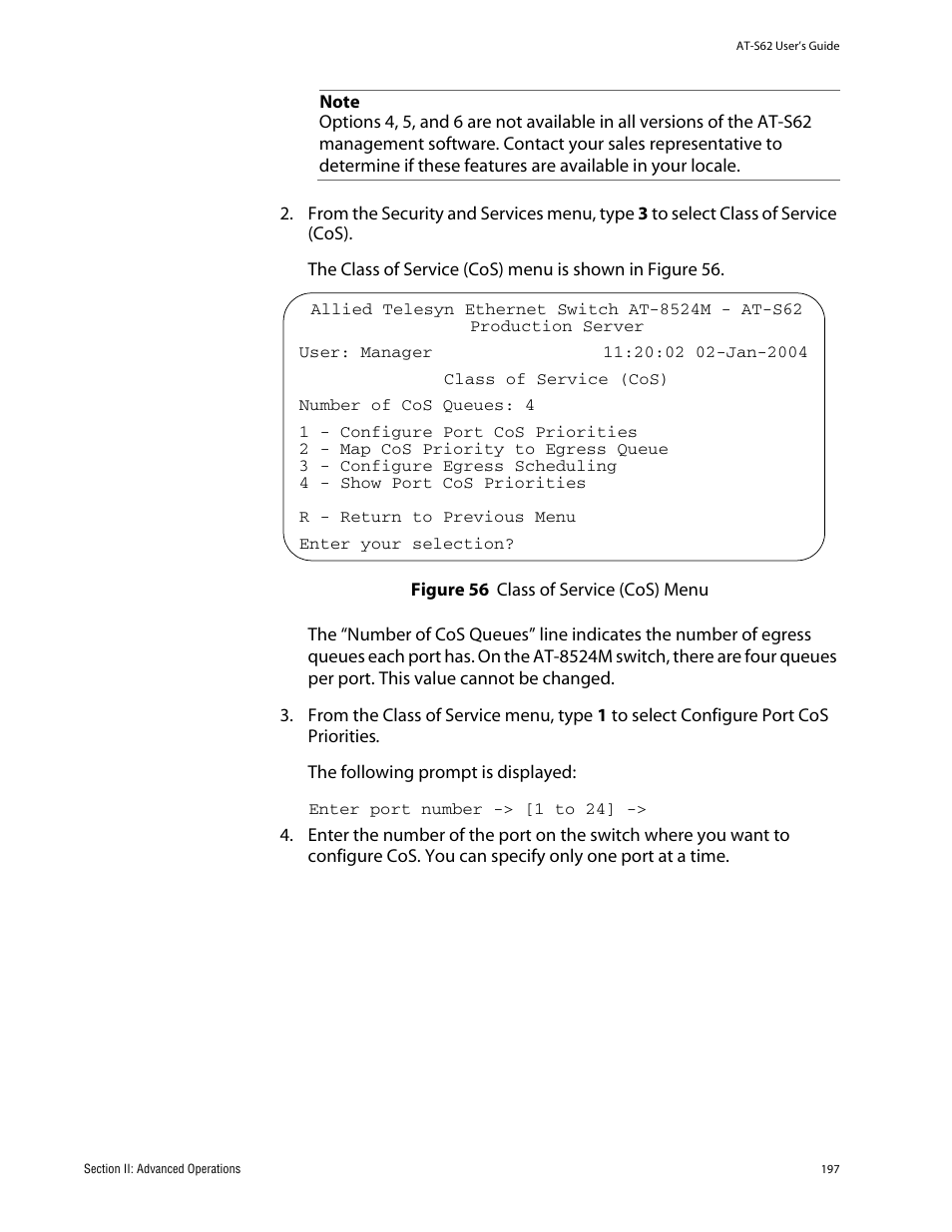 Figure 56: class of service (cos) menu | Allied Telesis AT-S62 User Manual | Page 197 / 862