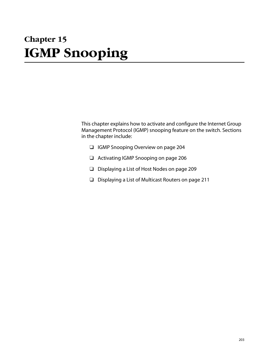 Chapter 15, Igmp snooping, Chapter 15 igmp snooping | Allied Telesis AT-S62 User Manual | Page 203 / 862