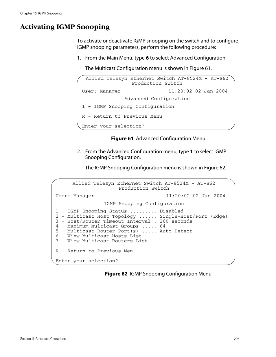 Activating igmp snooping | Allied Telesis AT-S62 User Manual | Page 206 / 862