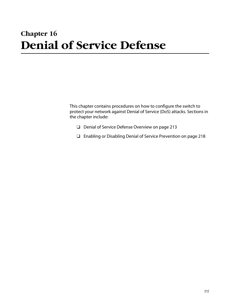 Chapter 16, Denial of service defense, Chapter 16 denial of service defense | Allied Telesis AT-S62 User Manual | Page 212 / 862
