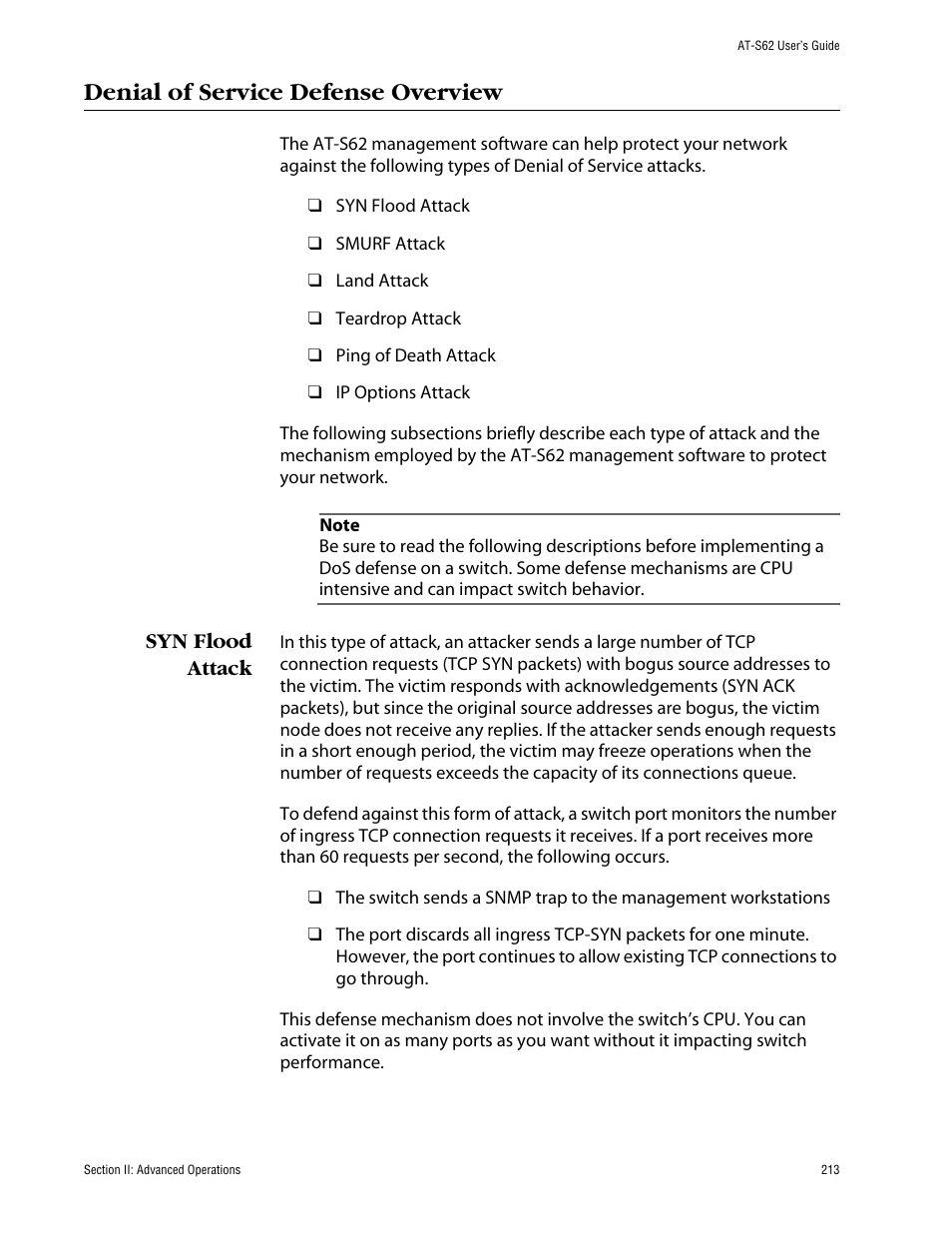 Denial of service defense overview, Syn flood attack | Allied Telesis AT-S62 User Manual | Page 213 / 862