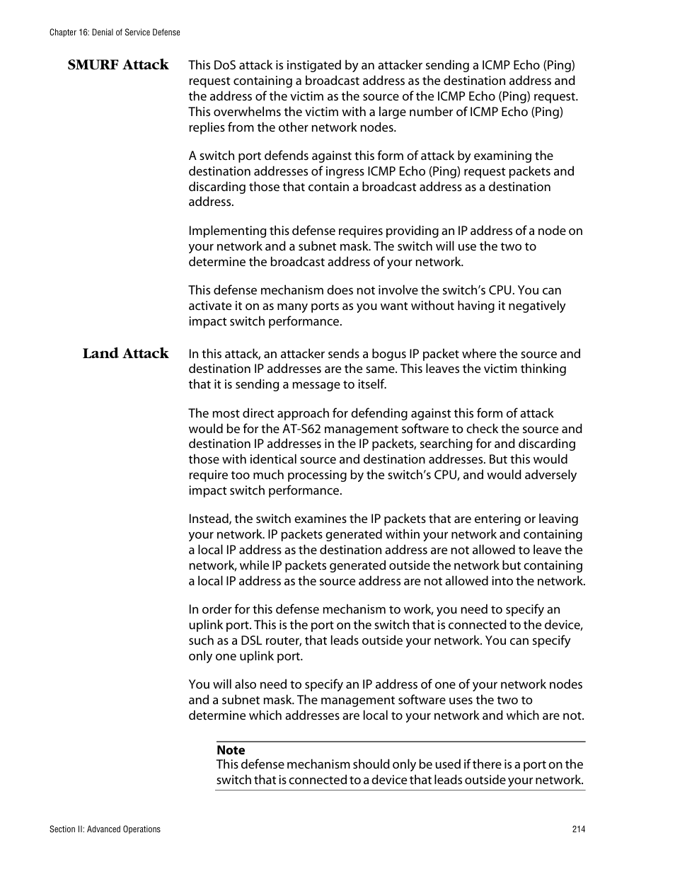Smurf attack, Land attack, Smurf attack land attack | Allied Telesis AT-S62 User Manual | Page 214 / 862