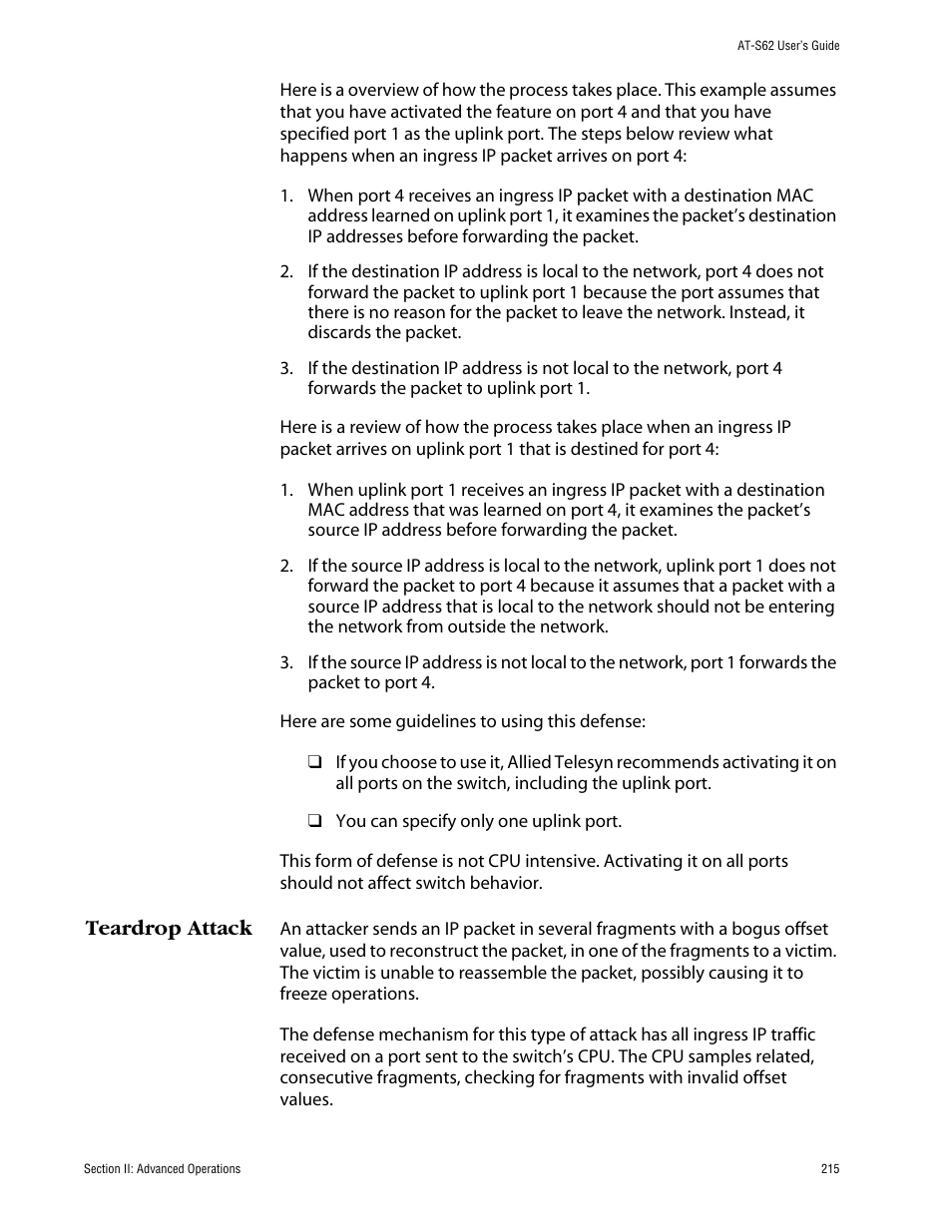 Teardrop attack | Allied Telesis AT-S62 User Manual | Page 215 / 862